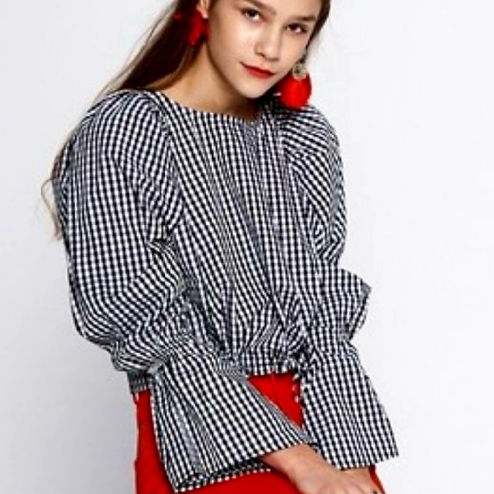 NWT SMALL TE DA" COTTON CROPPED TOP BOHIEMAN GINGHAM CHECKED BELL SLEAVES B/W